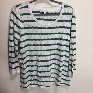 41 Hawthorn Women's Irene Pointelle Crewneck Sweater Green White Stripe XXL Prep